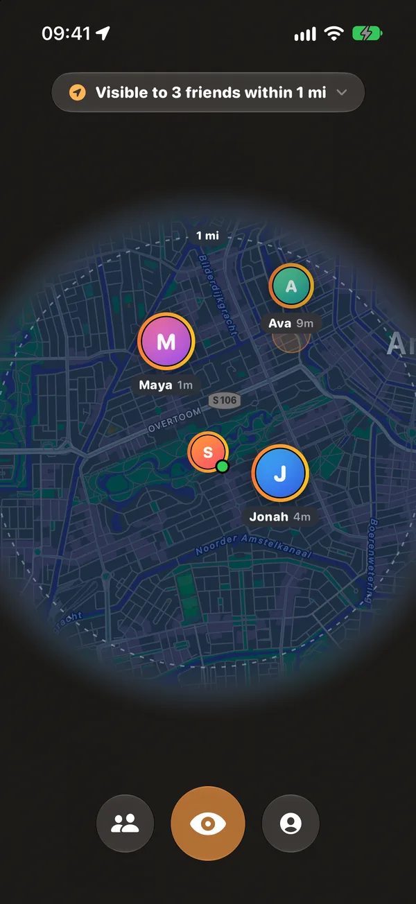 The runinto map with three friends inside a dashed one-mile circle and the area outside faded to paper